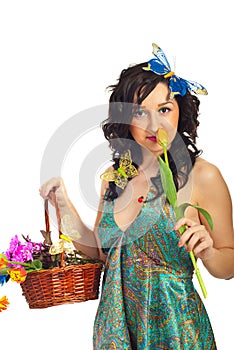 Spring woman smelling tuplip