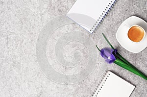 Spring women's workspace top view with beautiful iris flowers, notepad and coffee on grey stone background. Flat lay