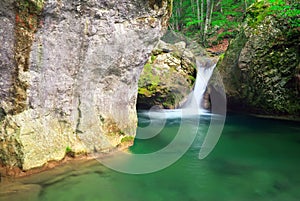 Spring wood and river. Spring rill flow.