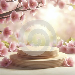 Spring wooden product display podium with blurred pink sakura nature background. ai generative