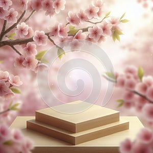 Spring wooden product display podium with blurred pink sakura nature background. ai generative