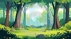 Spring woodland or nature park scene with trees, bushes, stones, and sunlight. Modern illustration of summer forest