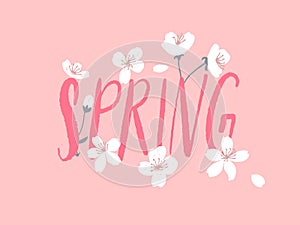 Spring word decorated with white tree flowers on pink background. Cherry blossom card vector illustration.