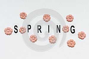 SPRING word and flower cookies on a white background. Spring cooking concept.