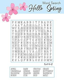 Spring word search puzzle. Logic game for learning English words.  Printable party card.