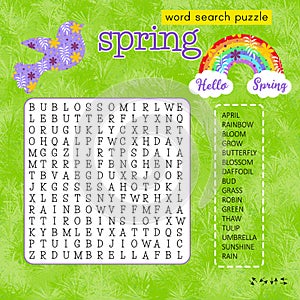 Spring word search puzzle with rainbow and bird. Logic game for learning English words.