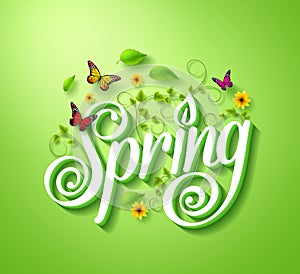 Spring Word Typography Concept in 3D with Flying Butterflies