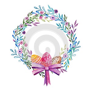 Spring wreath and branches with leaves and flowers. Pink bow Watercolor