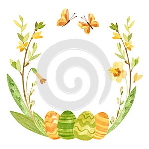 Spring wreath with Easter eggs, pussy willow, feathers and flowers.