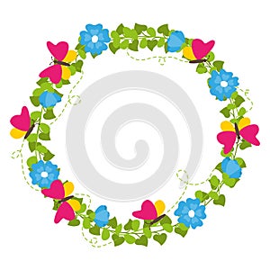 Spring wreath with flowers and butterflies vector