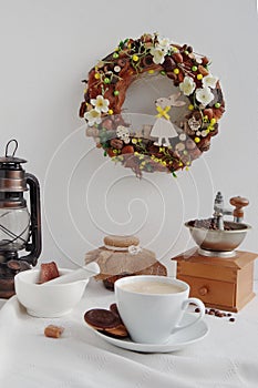 Spring wreath with a hare. Easter decor.