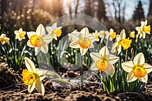 Spring yellow Daffodils Narcissus flowers backlit by sunshine.