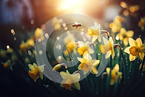 Spring yellow Daffodils Narcissus flowers backlit by sunshine.