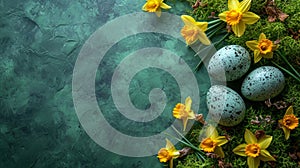 Spring Yellow Daffodils with Naturally Dyed Easter Eggs on Moss Green Background AI Generated