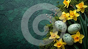 Spring Yellow Daffodils with Naturally Dyed Easter Eggs on Moss Green Background AI Generated