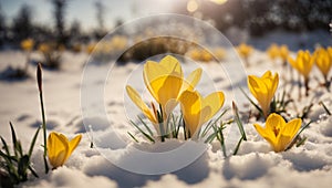 Spring yellow flowers in the snow