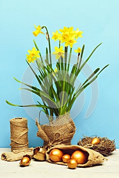 Spring yellow narcissus, golden easter egg and thread or rope
