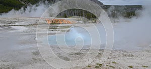 Spring in Yellowstone National Park: Spouter Geyser of the Emerald Group in the Black Sand Basin Area of Upper Geyser Basin Erupts