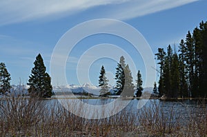 Spring in Yellowstone: Stevenson Island in Yellowstone Lake with Mounts Langford, Doane