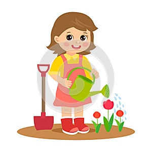 Spring in your step. Cute cartoon girl working in the garden vector illustration.