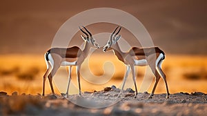 Springbok antelope, Antidorcas marsupialis, in the African dry habitat, Sunset on safari. Fight of deer, Generative AI