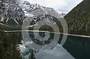 Springer landscape of Braies lake, Trentino, Italy