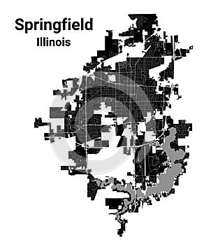 Springfield city map, capital of the USA state of Illinois. Municipal administrative borders, black and white area map with rivers