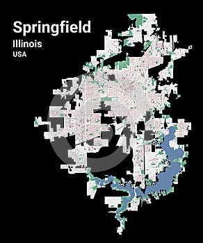 Springfield map, capital city of the USA state of Illinois. Municipal administrative area map with buildings, rivers and roads,