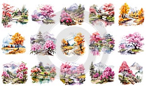 Springs and autumns landscape clipart set, watercolor paintings of nature, isolated on white background. Mountains, rivers and