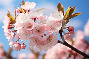 Springs charm: Cherry blossoms under a clear blue sky, white clouds