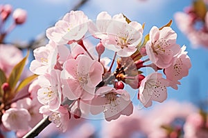 Springs charm: Cherry blossoms under a clear blue sky, white clouds