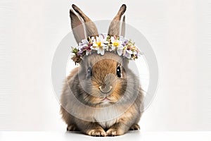 Springtime adorable baby bunny wearing a flower crown. Cute children\'s illustration of cuddly rabbit in spring. Easter