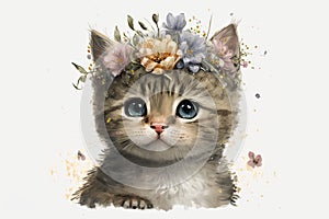 Springtime adorable baby kitten wearing a flower crown. Cute children\'s illustration of cuddly cat in spring. Easter
