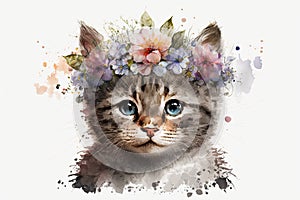 Springtime adorable baby kitten wearing a flower crown. Cute children\'s illustration of cuddly cat in spring. Easter