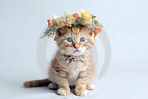 Springtime adorable baby kitten wearing a flower crown. Generative ai