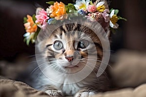 Springtime adorable baby kitten wearing a flower crown. Generative ai