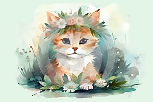 Springtime adorable baby kitten wearing a flower crown, watercolor ilustration. Generative ai