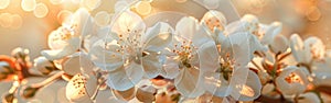 Springtime Apple Blossom Banner: Closeup of White Blooming Flowers on Tree with Soft Bokeh Background