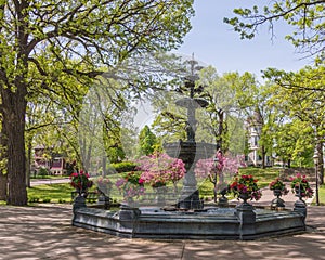 Springtime at the beautiful antique fountain in Irvine Park in Saint Paul, Minnesota