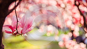 Springtime: Blooming tree with pink magnolia blossoms, beauty