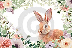 Springtime Bunny Amidst Watercolor Florals. A watercolor rabbit sits peacefully among vibrant spring flowers