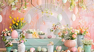 Springtime celebration with colorful easter eggs and fresh flowers. a festive table display for seasonal joy. perfect