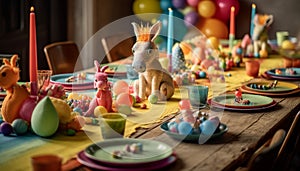 Springtime celebration: Homemade decorations adorn table with vibrant colors and cute rabbit toy generated by AI