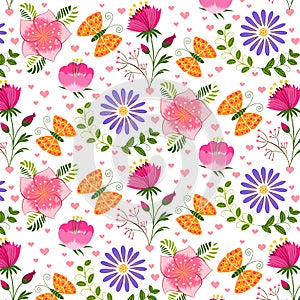 Springtime Colorful Flower and Butterfly Seamless Pattern