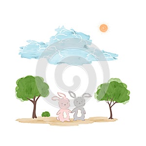 Springtime concept in watercolor technique,adorable rabbits on sunshine day for decorative,kid product,t-shirt or background