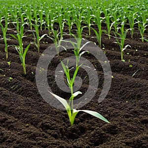 Springtime corn field with green sprouts in soft In a farmed farm green corn seedling sprouts are Agricultural landscape