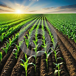 Springtime corn field with green sprouts in soft In a farmed farm green corn seedling sprouts are Agricultural landscape