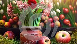 Springtime decoration flower pot green grass pile red apples apple fruit autumn easter spring food flowerpot natural nature many