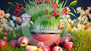 Springtime decoration flower pot green grass pile red apples apple fruit autumn easter spring food flowerpot natural nature many