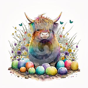 Springtime Delight: Baby Highland Cow Among Easter Eggs and Blooming Flowers AI Generated